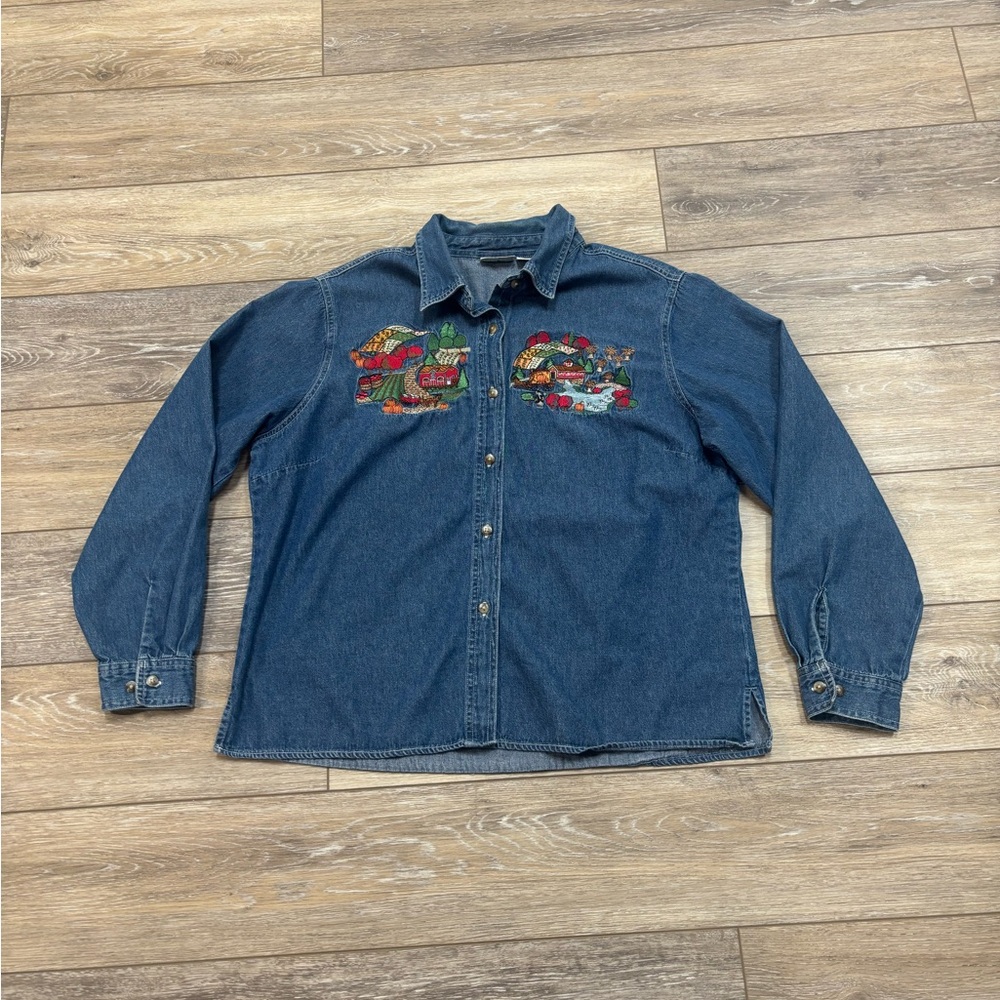 Cabin Creek Denim Shirt Sz PXL Embroidered Pumpkin Apple Harvest Farm Cottage